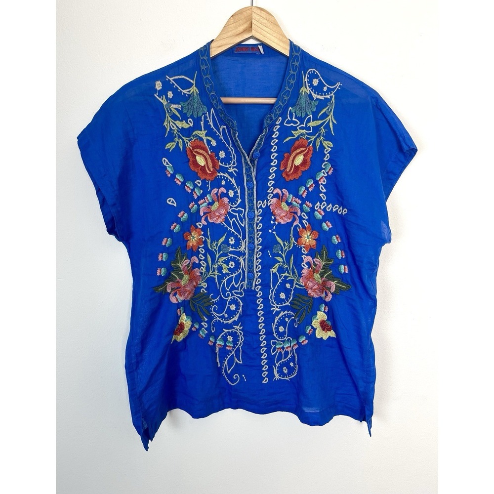 JOHNNY WAS Peloza Embroidered Tunic Blouse Relaxed Blue Floral 100% Cotton XS